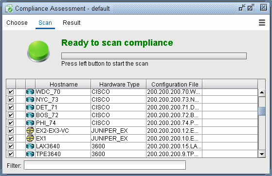 Compliance Assessment tool interface for scanning network devices. Shows list with Hostname, Hardware Type, and Configuration File columns. Green button labeled Ready to scan compliance.