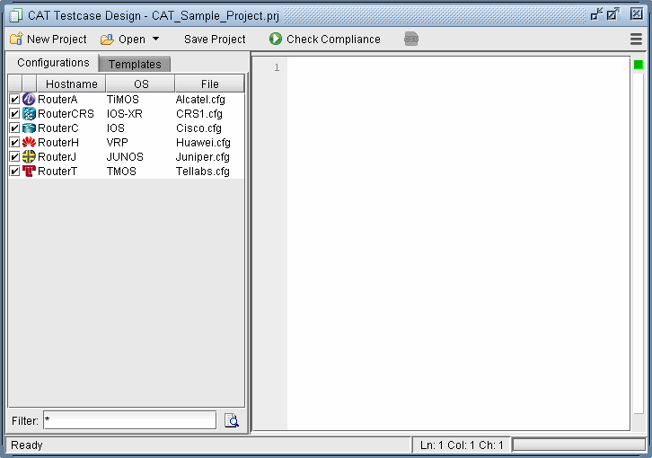 CAT Testcase Design interface showing a sample project with router configurations and a text editor for editing files.