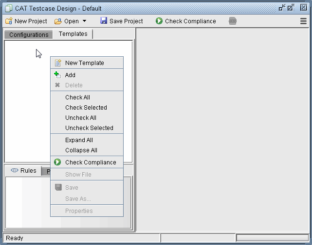 Software interface for CAT Testcase Design tool showing toolbar with options like New Project and Save Project, tabs for Configurations and Templates, and dropdown menu with template management options.