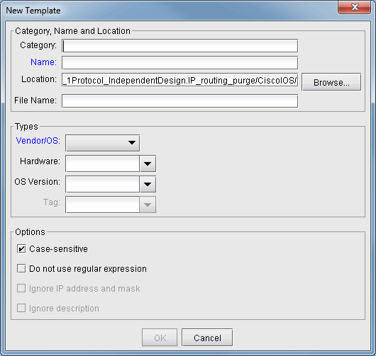 Dialog box titled New Template for creating network or system templates with fields for category, name, location, dropdowns for Vendor/OS, and options like case-sensitive.