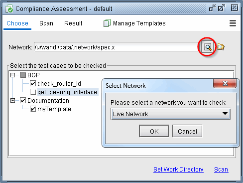 Compliance Assessment tool interface with Network field showing a file path and a magnifying glass icon. Test cases like check_router_id under BGP category with checkboxes. Select Network dialog open with Live Network option and OK and Cancel buttons. Links for Set Work Directory and Scan at the bottom.