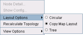 Dropdown menu with layout and topology settings options including Node Detail, Show Config, Layout Options, Recalculate Topology, and View Options.