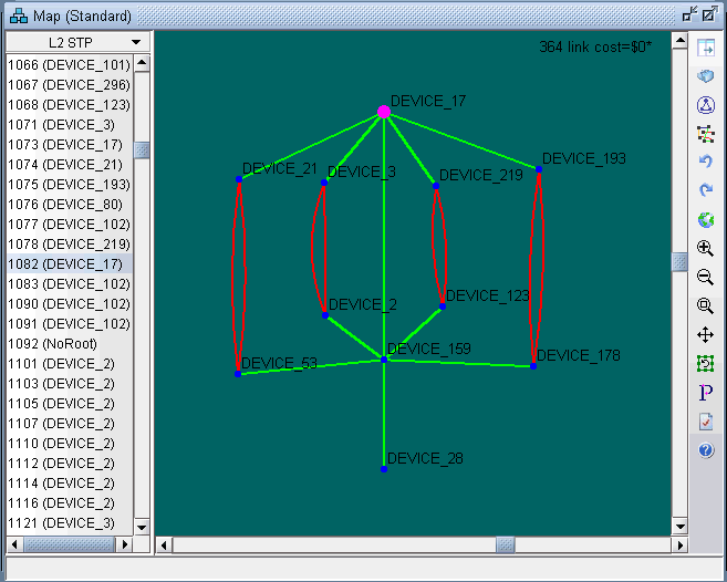 Network topology diagram showing Layer 2 Spanning Tree Protocol configuration with DEVICE_17 as root bridge. Green lines indicate active links; red lines show blocked links.