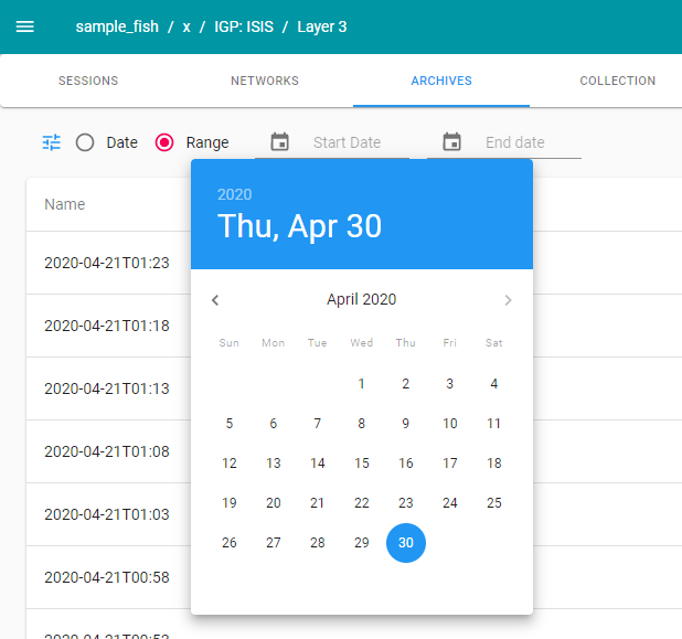 User interface with calendar pop-up for selecting a date range. Active tab is Archives. Calendar set to April 2020 with April 30th selected.