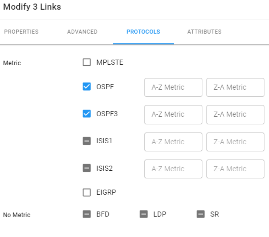 Network configuration interface under Protocols tab for modifying routing settings. OSPF and OSPF3 selected with metric options. Tabs include Properties, Advanced, Protocols, and Attributes.