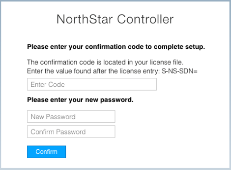 Setup screen for NorthStar Controller prompting for confirmation code from license file and new password creation with a submit button.