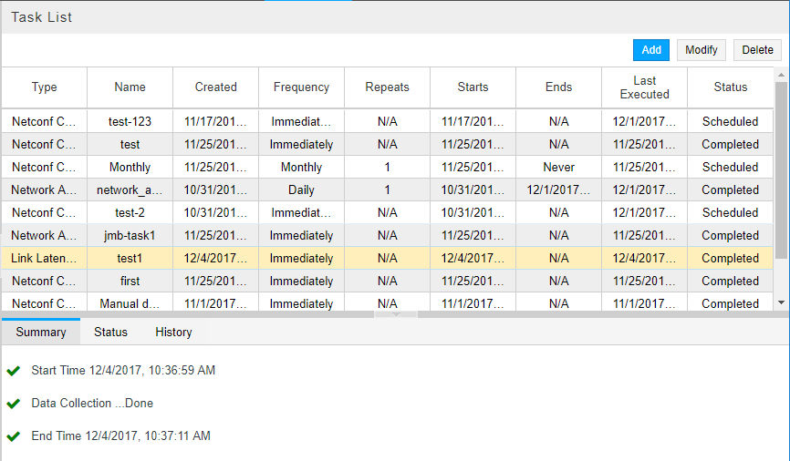 Collection Results for Link Latency Collection Task, Summary Tab