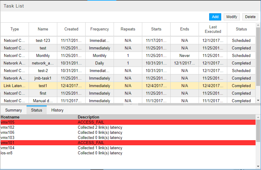 Collection Results for Link Latency Task, Status Tab