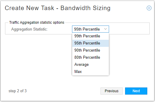 Software interface for creating a new bandwidth sizing task with dropdown for traffic aggregation statistics options 99th to 80th percentiles average max. Step 2 of 3 with Previous and Next buttons.
