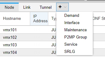 Network management interface showing table with columns Hostname, IP Address, Type, and dropdown menu with options like Demand and Maintenance.