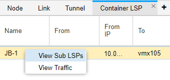 Network management interface showing table with columns Name From From IP To entry JB-1 IP starting 10.0 destination vmx105 context menu open with options View Sub LSPs and View Traffic
