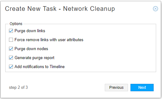 Create New Task dialog for Network Cleanup with checked options: Purge down links, Purge down nodes, Generate purge report, Add notifications to Timeline; step 2 of 3.