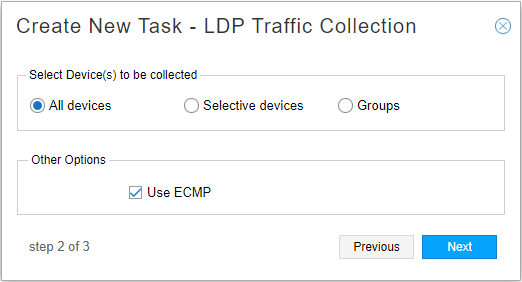 Step 2 of 3 in creating LDP Traffic Collection task. Choose devices: All devices, Selective devices, or Groups. Option to use ECMP. Previous and Next buttons.