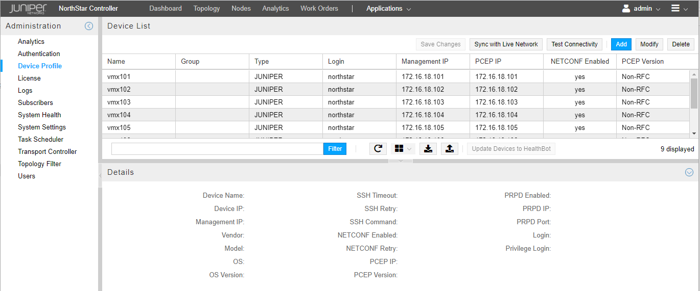 Juniper Networks NorthStar Controller interface showing Device Profile section with device list table, action buttons, and details section for network management.