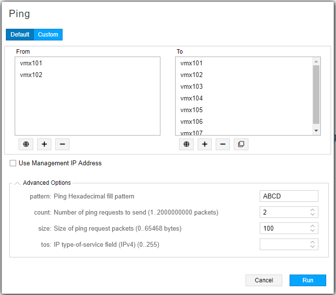 Network tool interface for configuring and running a ping test with options for source and destination devices, advanced settings, and a Run button.