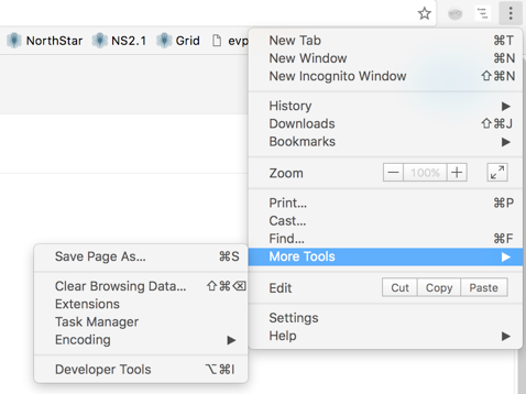 Web browser menu screenshot showing options like New Tab, History, Bookmarks, and expanded More Tools with Extensions and Developer Tools.