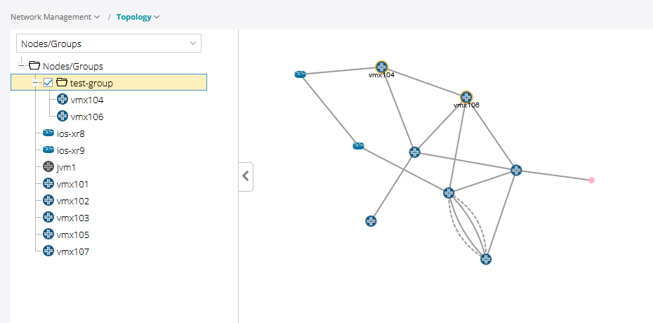 Network topology diagram showing selected group test-group with nodes vmx104, vmx106, ios-xr8, ios-xr9, jym1, vmx101, vmx102, vmx103, vmx105, and vmx107 interconnected.