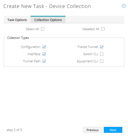 Step 2 of 3: Collection Options interface with tabs for Task Options and Collection Options, checkboxes for data types like Configuration and Tunnel Path, and navigation buttons.