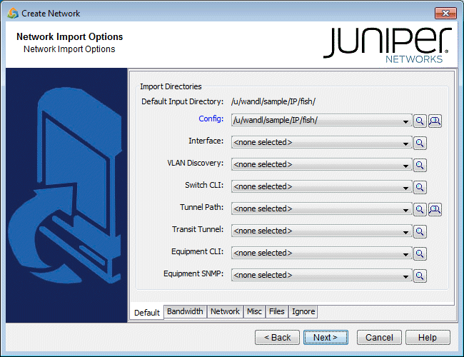 Juniper Networks Create Network wizard screenshot showing Network Import Options with import directories, dropdown menus, navigation buttons, and branding.