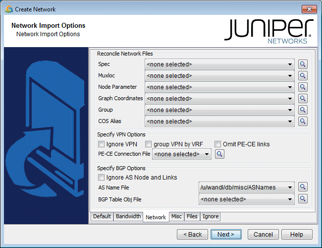 Screenshot of Juniper Networks software interface, Network Import Options window, showing fields for file selection, VPN, and BGP settings.