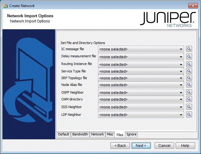 Juniper Networks Create Network wizard, Network Import Options step. Dropdown menus for selecting network files. Navigation buttons: Back, Next, Cancel, Help.
