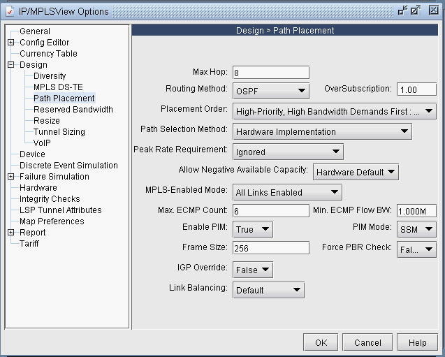 Configuration window for IP/MPLS network design titled Design > Path Placement with options for max hop, routing method, placement order, path selection, and more.