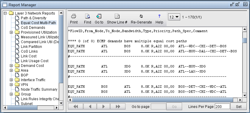 Network analysis tool interface showing Layer 3 ECMP routing details with hierarchical menu and toolbar for report management.