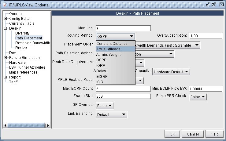 Configuration window for IP/MPLS networks, titled Design > Path Placement, with options for max hop, routing method, placement order, path selection, peak rate, MPLS mode, max ECMP count, frame size, PBR check, IGP override, and link balancing. Navigation menu on the left includes General, Design, Device, Failure Simulation, and Report sections.