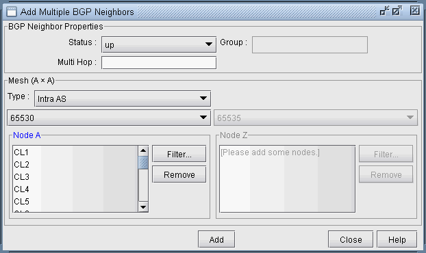 GUI for configuring multiple BGP neighbors in a network tool. Title: Add Multiple BGP Neighbors. Features: status dropdown, group field, multi-hop settings, BGP connection type, AS number, Node lists, filter, remove, add, close, and help buttons.