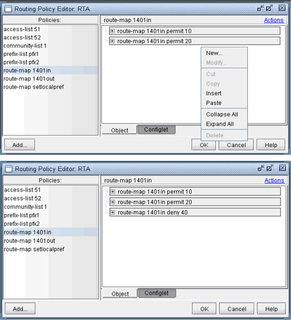 Graphical user interface for Routing Policy Editor labeled RTA, showing configuration of routing policies like access lists, prefix lists, and route maps.