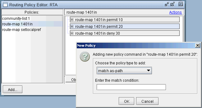 Routing Policy Editor RTA interface showing policies and a detailed view of route-map 1401 in. New Policy pop-up for adding commands.