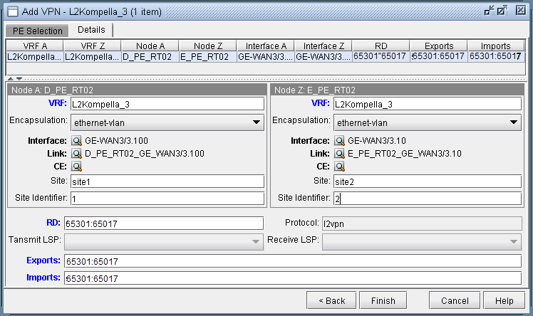 Network configuration interface for adding L2 Kompella VPN with fields for VRF, encapsulation, interface, site IDs, RD, and LSP settings.