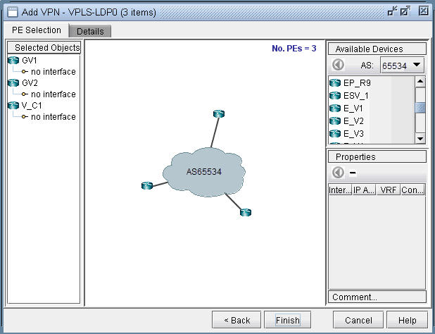 Network configuration interface for setting up VPLS using LDP, showing AS65534 cloud connected to three routers, selected/available devices, and properties section.
