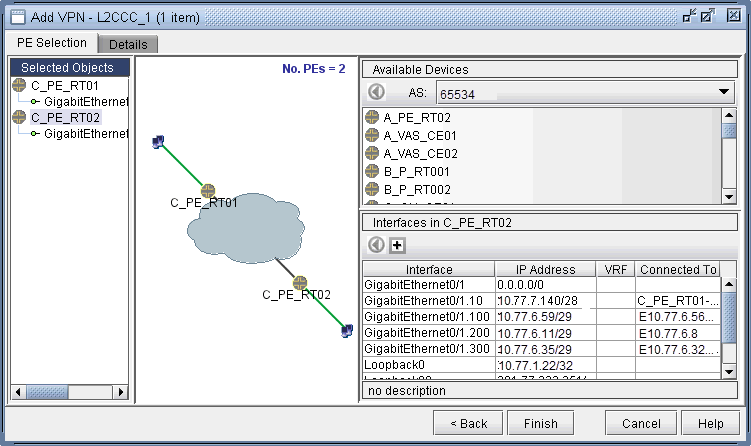 Network configuration interface for adding VPN with L2CC, showing selected PE routers C_PE_RT01 and C_PE_RT02, device list, and interface details.