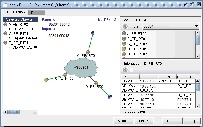 Network configuration interface for setting up Layer 3 VPN in inter-AS environment with central cloud AS65301, PE devices A_PE_RT02, C_PE_RT01, D_PE_RT01, route targets 65301:65012, interface details, and configuration buttons.