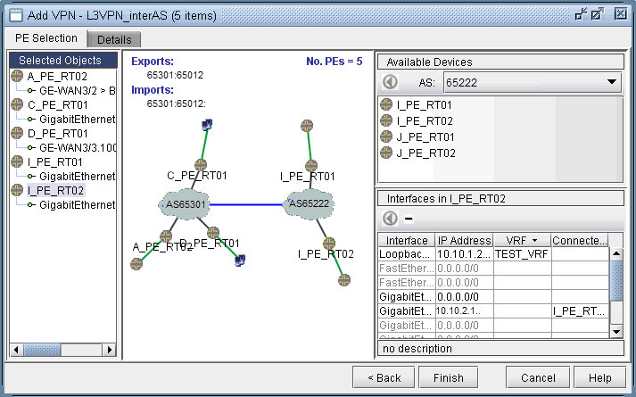 Network configuration interface for setting up an L3VPN with inter-AS connections showing topology with routers labeled with AS numbers, IP addresses, and VRF details.