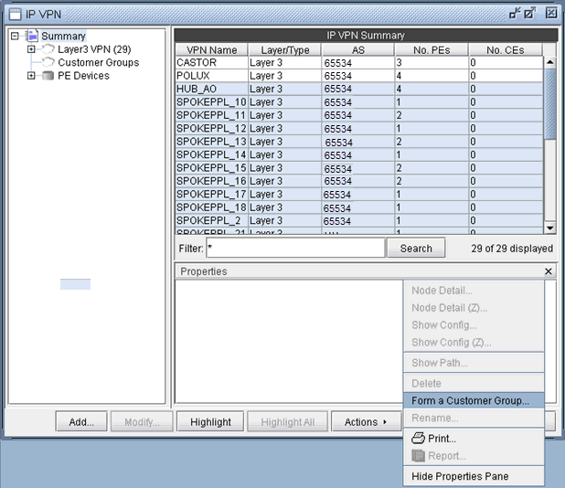 Screenshot of a software interface showing a summary of Layer 3 VPNs with details like VPN Name, Layer Type, AS number, and router counts.