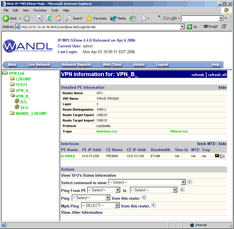 WANDL IP/MPLSView network management tool showing VPN_B details for routers and interfaces. Admin logged in with version 4.4.0.