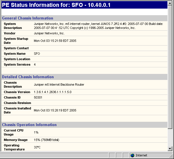 Status page for Juniper M5 Router: JUNOS 7.2R2.4, startup Mon Oct 03 2005, name SFO, CPU 1%, memory 15%, temp 33C.