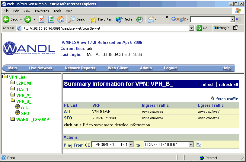 IP/MPLSView 4.4.0 interface in Internet Explorer showing VPN_B_ details with PE devices ATL and SFO, and VRFs VPN-B-NMX and VPN-B-TPE3640.