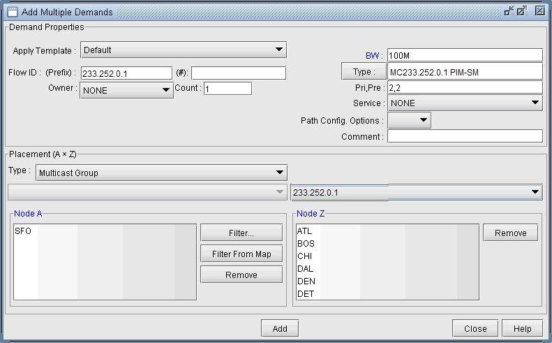 Screenshot of "Add Multiple Demands" dialog in a network tool showing fields for multicast configuration such as Flow ID, Bandwidth, Type, and Nodes.