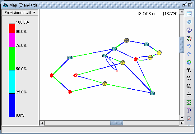 Network topology map with nodes connected by color-coded links indicating utilization levels. Legend shows utilization percentages for blue, green, red. Top text mentions 18 OC3 cost=$187730, indicating network cost and capacity.