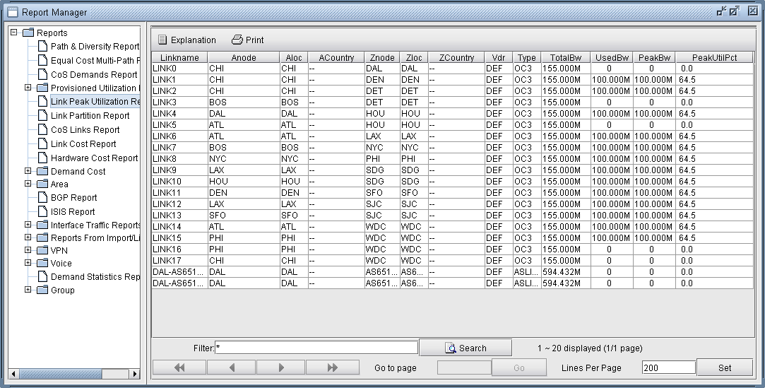 Report Manager software displaying Link Peak Utilization Report with network link data including names, nodes, bandwidth, and utilization percentages.
