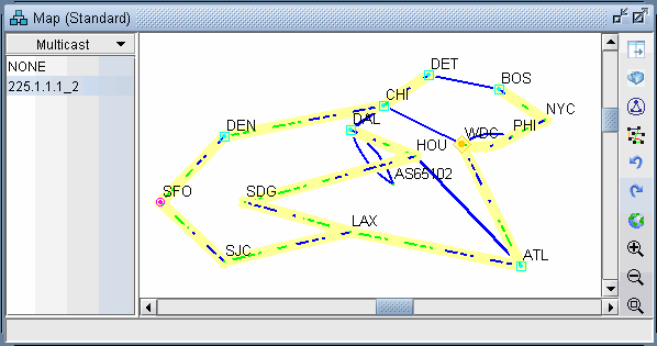 Network topology map showing nodes labeled with city abbreviations like SFO, ATL, and NYC connected by color-coded links. Left panel displays multicast info with entry 225.1.1.1_2.