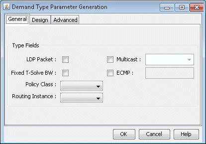 Software interface titled Demand Type Parameter Generation with General tab active. Configures LDP Packet, Fixed T-Solve BW, Multicast, ECMP, Policy Class, and Routing Instance. Includes OK, Cancel, and Help buttons.
