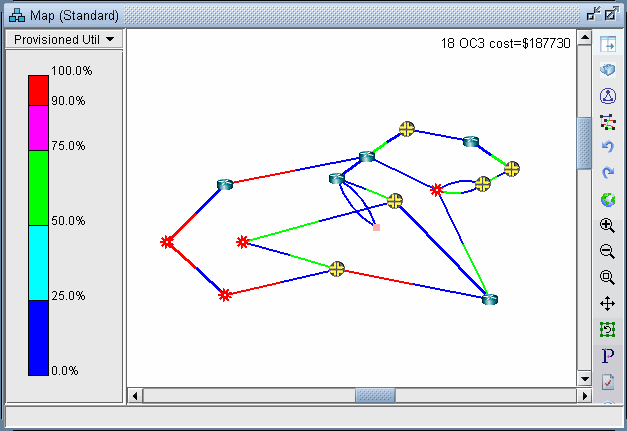 Network topology map showing nodes connected by color-coded lines indicating utilization. Red for high utilization, blue/green for low. Labeled Provisioned Util with 18 OC3 cost equals 187730.