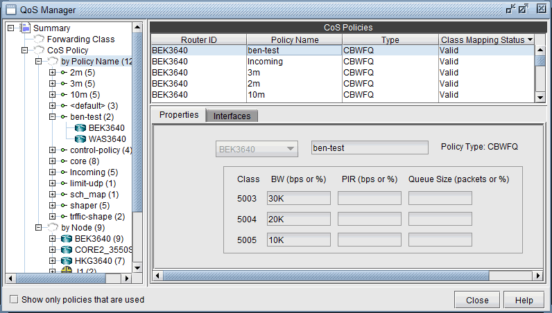 Quality of Service Manager interface for configuring QoS policies on a network device with sections for tree view navigation, CoS policies list, and policy details.