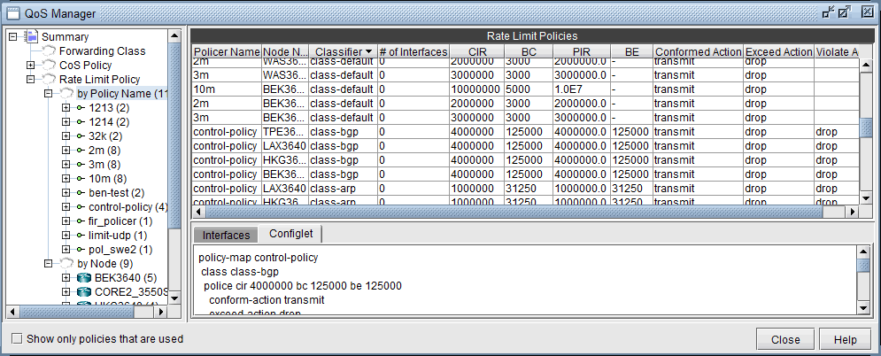 QoS Manager interface showing policies for rate limiting with details like policy names, node numbers, CIR, BC, PIR, and traffic actions.