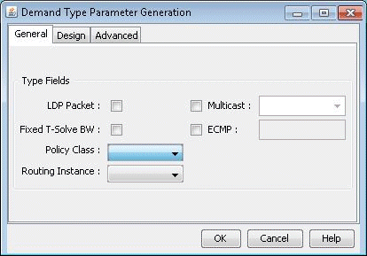 Demand Type Parameter Generation interface with General tab open showing fields like LDP Packet checkbox, Multicast dropdown, and OK button.