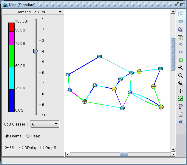 Network visualization tool showing nodes as circles connected by color-coded links indicating utilization levels. Slider, dropdown, and metrics options on the left for adjusting service classes and performance metrics. Vertical toolbar on right for map interaction.